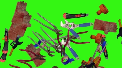 Various plumber tools and supplies falling against a bright green background Видео 337501796
