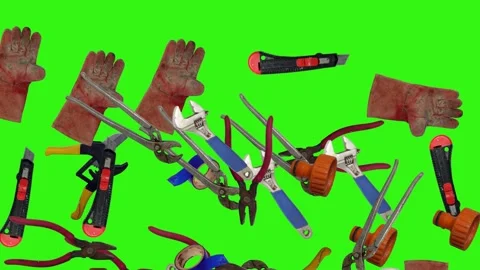 Various plumber tools and supplies falling against a bright green background Stock Footage 337501839
