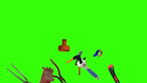 Various plumber tools and supplies falling against a bright green background Vidéo 337501842