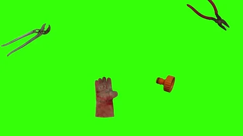 Various plumber tools and supplies falling against a bright green background Stockbeeldmateriaal 337501846