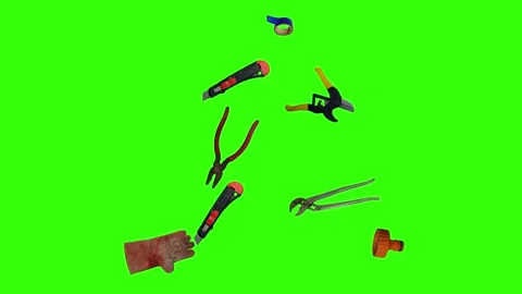 Various plumber tools and supplies falling against a bright green background Видео 337501926