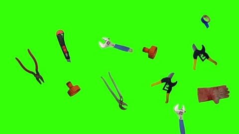 Various plumber tools and supplies falling against a bright green background Stockbeeldmateriaal 337501935