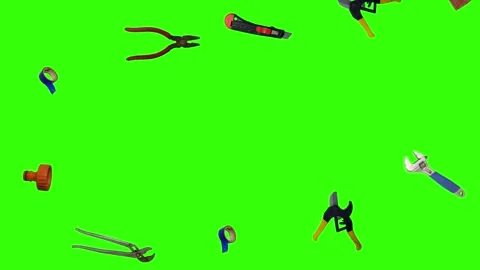 Various plumber tools and supplies falling against a bright green background Видео 337501971