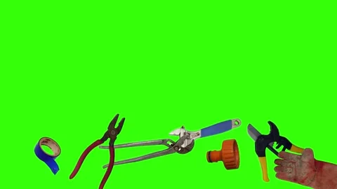 Various plumber tools and supplies falling against a bright green background Видео 337502061