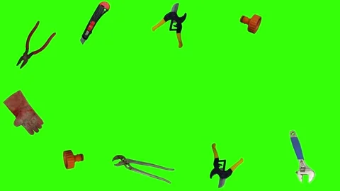 Various plumber tools and supplies falling against a bright green background Vidéo 337502064