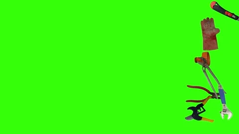 Various plumber tools and supplies falling against a bright green background Vidéo 337502073