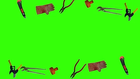 Various plumber tools and supplies falling against a bright green background Vidéo 337502076