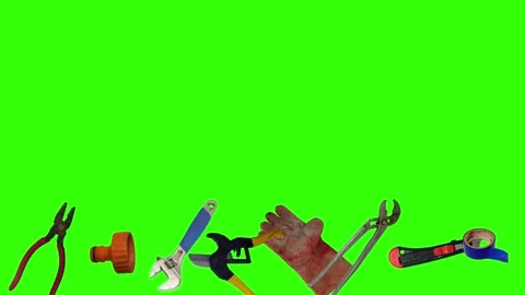 Various plumber tools and supplies falling against a bright green background Stockbeeldmateriaal 337502100