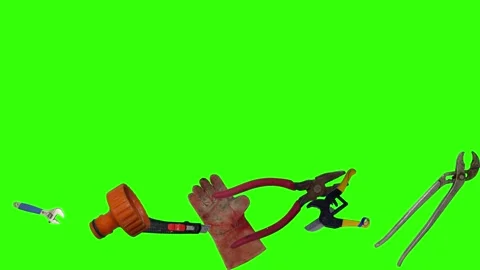 Various plumber tools and supplies falling against a bright green background Stock Footage 337502144
