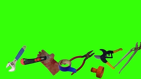 Various plumber tools and supplies falling against a bright green background Видео 337502180