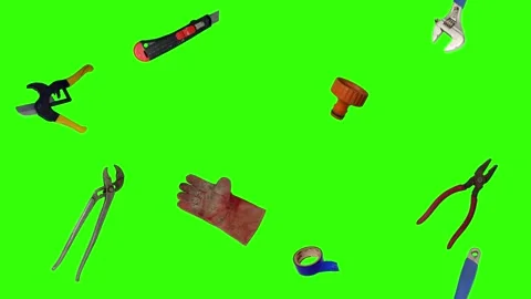 Various plumber tools and supplies falling against a bright green background Stockbeeldmateriaal 337502182