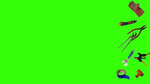 Various plumber tools and supplies falling against a bright green background Видео 337502185