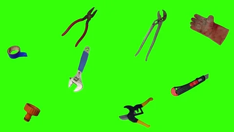 Various plumber tools and supplies falling against a bright green background Stock Footage 337502188