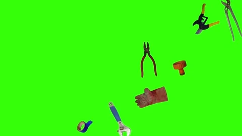 Various plumber tools and supplies falling against a bright green background Stock Footage 337502225
