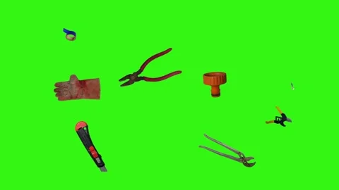 Various plumber tools and supplies falling against a bright green background Stockbeeldmateriaal 337502253