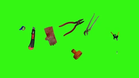 Various plumber tools and supplies falling against a bright green background Видео 337502255
