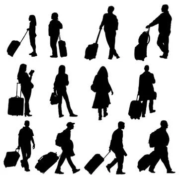 Various poses of men women and children traveling with luggage Stock Illustration