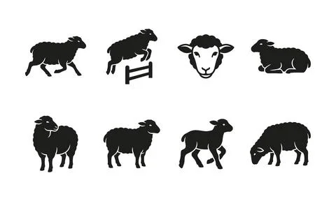 Various poses of sheep and rams in traditional postures Stock Illustration