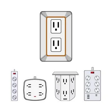 Various power strips and wall outlets offering multiple connections Illustrazione stock