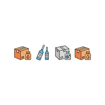 Various product boxes and bottles icon set with e commerce Stock Illustration