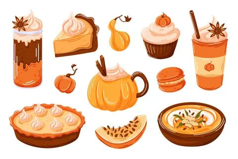 Various pumpkin desserts and drinks set pie, cupcakes, latte, macaroon, soup Stock Illustration