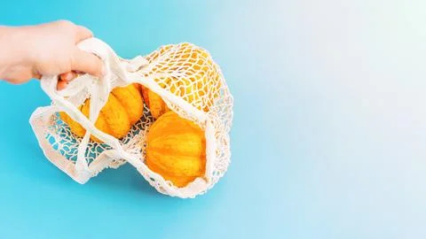 Various of pumpkins in a mesh bag of fabric on a blue background.Autumn Stock Illustration