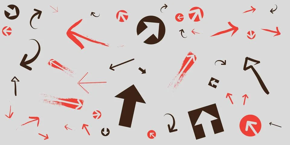 Various Randomly Placed, Colored and Shaped Red and Black 3D Arrow Symbols .. Stock Illustration