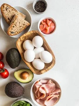 Various raw ingredients for making breakfast. Stock Photos