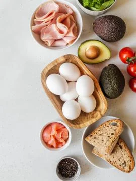 Various raw ingredients for making breakfast. Stock Photos