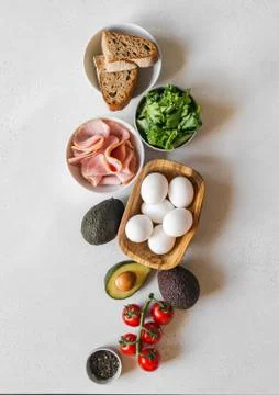 Various raw ingredients for making breakfast. Stock Photos