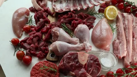 Various raw meats. Top view Stock Footage 302429694