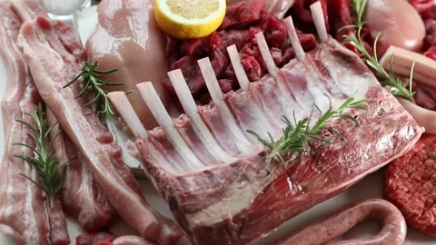 Various raw meats. Top view Stock Footage 302429695