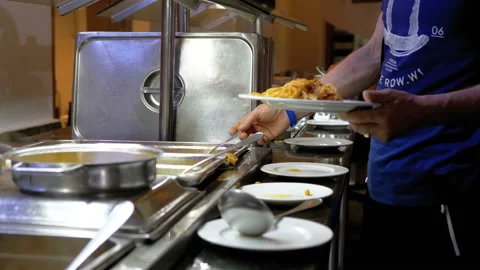 Various Ready-made Meals on the Counter in Dining Room Self-service. Stock Footage 106741273