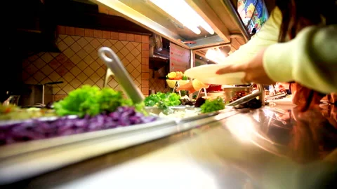 Various Ready-made Meals on the Counter in Dining Room Self-service. Stock Footage 151607433