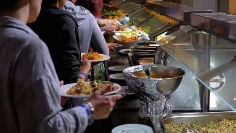 Various Ready-made Meals on the Counter in Dining Room Self-service. Foto stock