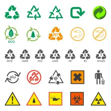 Various recycle and hazardous sign set Stock Illustration