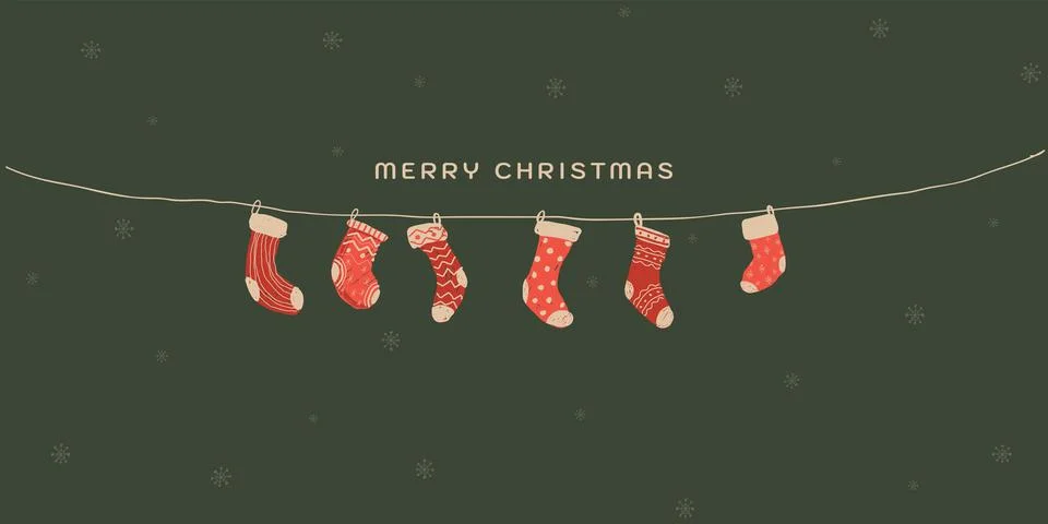 Various red socks hanging hand drawn childish style on green background gra.. Stock Illustration