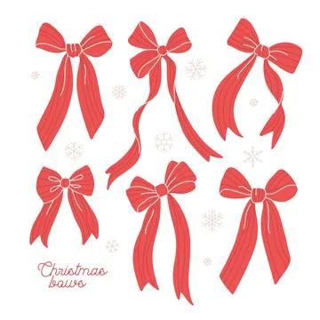 Various red striped Bow knots elements, Christmas gift bows set. Hand drawn Illustrazione stock