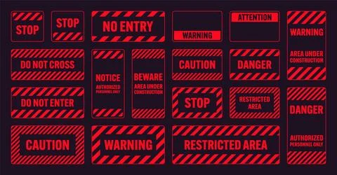 Various red warning signs with diagonal lines. Attention, danger or caution sign 스톡 일러스트