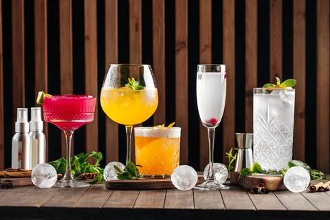 Various refreshing alcoholic cocktail drinks Stock Photos