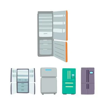 Various refrigeration units set with open empty appliance Illustrazione stock
