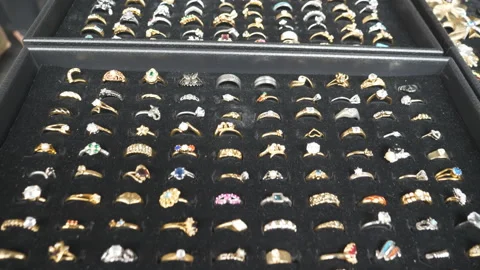 Various rings on display for sale. Stock Footage 137215547