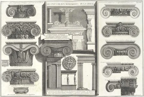 Various Roman Ionic capitals compared with Greek examples from Le Roy [S. M.. Stock Photos