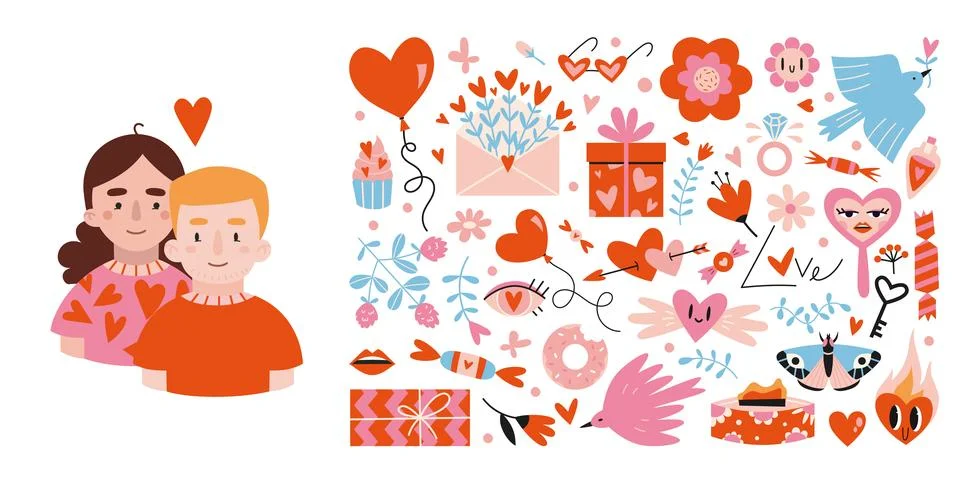 Various romantic objects and loving couple, cartoon style. Valentine's Day .. Stock Illustration