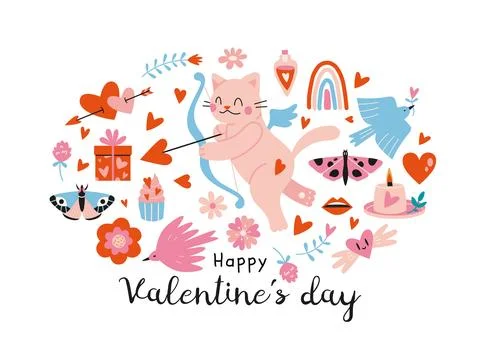 Various romantic objects like cupid cat, hearts and gifts, cartoon style. V.. Stock Illustration