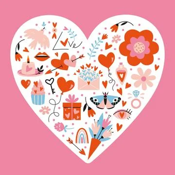 Various romantic objects in the shape of a heart, cartoon style. Valentine'.. Stock Illustration