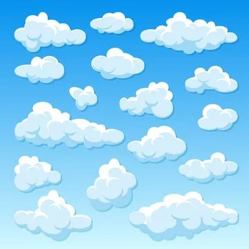 Various round clouds with shadow on blue gradient background. Summer sky Stock Illustration