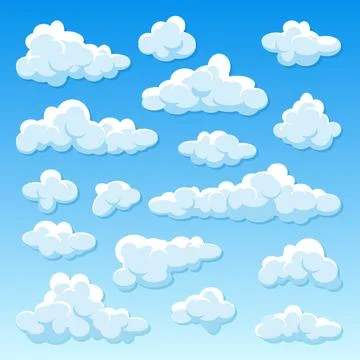 Various round clouds with shadow on blue gradient background. Summer sky Stock Illustration