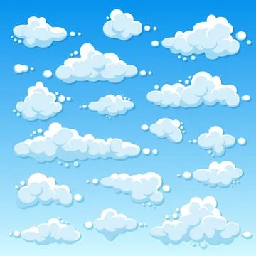 Various round clouds with shadow on blue gradient background. Summer sky Illustrazione stock