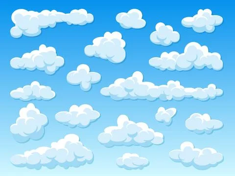 Various round clouds with shadow on blue gradient background. Summer sky Stock Illustration